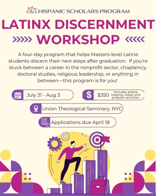 Are you wondering what to do after grad school? We know there are many options out there, and we want to help your discernment process in a small cohort of Latine students facilitated by Dr. Arelis Benítez (Vanderbilt University Divinity School) and Dr. Jorge Juan Rodríguez (HSP Associate Director for Strategic Programming).⁠
⁠
Learn more about this workshop and apply at the link in our bio.