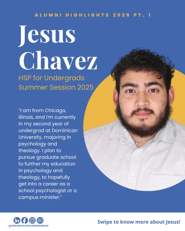 ✨HSP Alumni Highlights✨⁠
⁠
Meet Jesus Chavez, a student at Dominican University who participated in the 2025 Summer Session for Undergrads. If Jesus's testimonial resonates with you, you should apply to the 2026 Summer Session for Undergrads and experience the wonderful learning community of the HSP!⁠
⁠
Apply today through the link in our bio!⁠
⁠
⁠
#college #collegelife #studentlife #university⁠
#HispanicScholars #theology