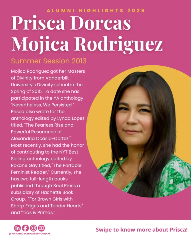 ✨HSP Alumni Highlights✨⁠
⁠
Meet Prisca Dorcas Mojica Rodriguez, a feminist, theologian, storyteller, advocate, and HSP Summer Session alumna. Swipe through to read about Prisca's experience with the HSP. You can get Prisca's books through the link in our bio.⁠
⁠
⁠
#seminary #theology #latinafeminist #HispanicScholars