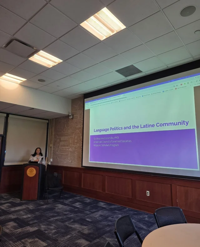 Our fourth and final community conversation featured a lecture and workshop on language politics in the Latine community from Dr. Breanna Escamilla, the HSP Assistant Director for Programming and ACLS Leading Edge Fellow.