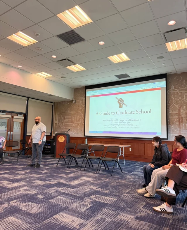 Our third Community Conversation hosted Summer Session students and HSP for Undergrads students. It featured a presentation guide to graduate school by Dr. Jorge Rodríguez followed by a panel featuring students Jai Davis (PhD student), Valentina San Juan Villamizar (M. Div. student), and our recent PhD graduate and staff member Dr. Breanna Escamilla.