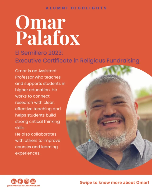 ✨HSP Alumni Highlights✨⁠
⁠
Omar Palafox is an Assistant Professor who teaches and supports students in higher education. Omar attended El Semillero in 2023 and received an Executive Certificate in Religious Fundraising. ⁠
⁠
Follow the links on the last slides to connect with the HSP Alumni Network and the broader HSP community!
