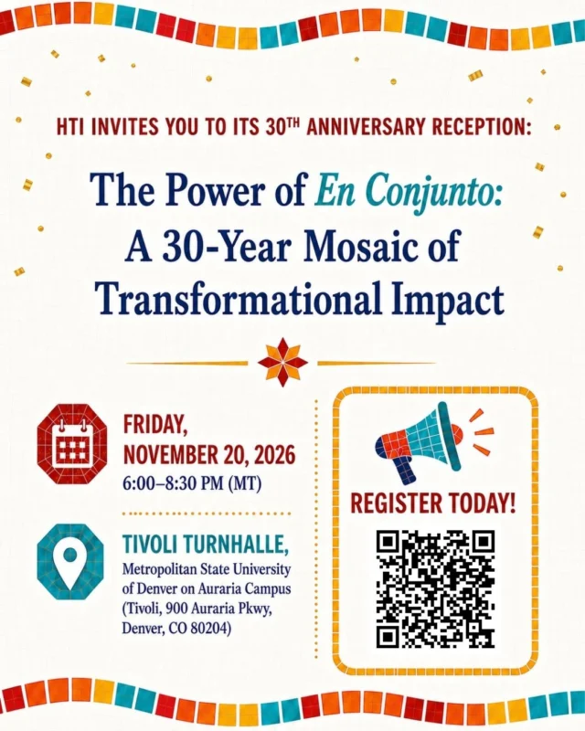 Join the Hispanic Theological Initiative (HTI) in celebrating 30 years of en conjunto!⁠
⁠
“The Power of En Conjunto: A 30-Year Mosaic of Transformational Impact” will bring together scholars, graduates, mentors, member institutions, partners, and friends to celebrate three decades of HTI’s impact and the many people who have helped shape its journey.⁠
📅 Friday, November 20, 2026⁠
🕕 6:00–8:30 PM MT⁠
📍 Tivoli Turnhalle, Metropolitan State University of Denver’s Auraria Campus⁠
🎟️ Tickets are $100 per person. ⁠
⁠
Register to be part of this special celebration through the link in bio.⁠
⁠
Help spread the word and share this invitation with colleagues, scholars, graduates, and friends who have been part of the HTI community. ¡Celebremos 30 años en conjunto!
