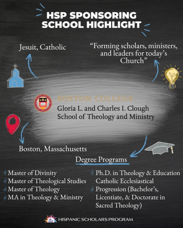 Boston College Clough School of Theology and Ministry, @bcstm, offers a variety of programs grounded in Jesuit pedagogical principles. You can learn more about CSTM here at the link in our bio.⁠
_________________________________________________⁠
⁠
Are you discerning where to go for seminary? The HSP network of sponsoring schools is a great place to start your search! Every month, we are highlighting one of the sponsoring institutions that make the work of the HSP possible, so stay tuned to our social media.⁠
⁠
Scan the QR code on the last slide for a complete list of our current sponsoring schools as well as more information on the benefits these institutions and their students receive by being part of our network.⁠